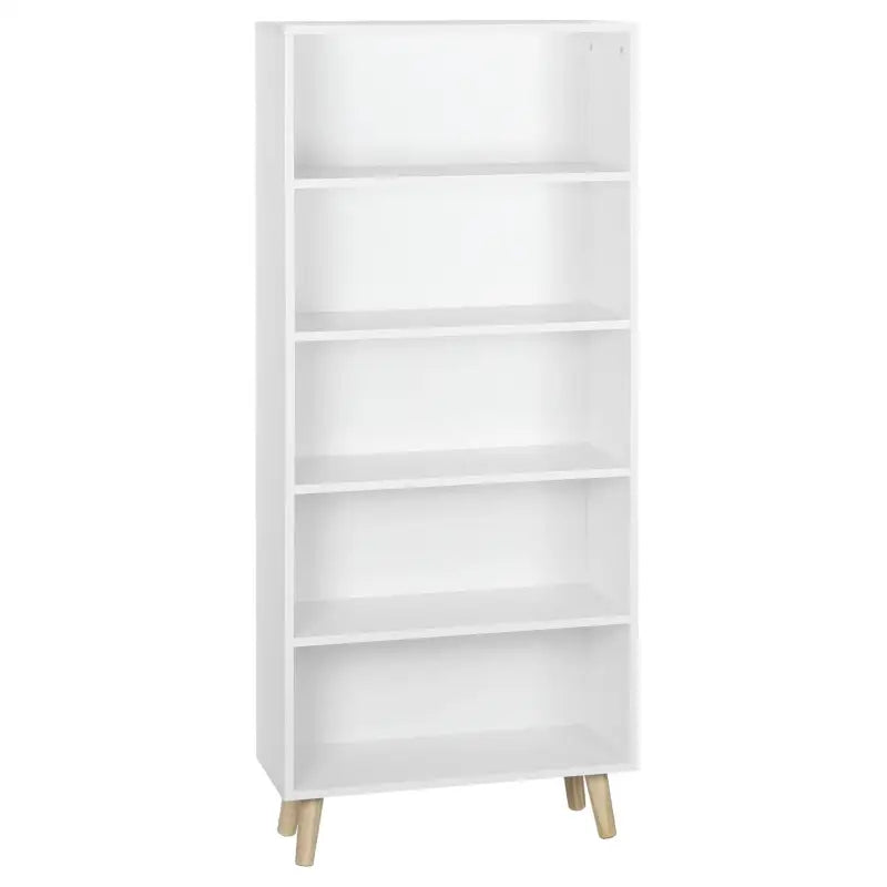 BukkitBow staande boekenkast met 5 compartimenten, houten poten, afmetingen 60x24x144 cm, modern houten meubel voor boeken.