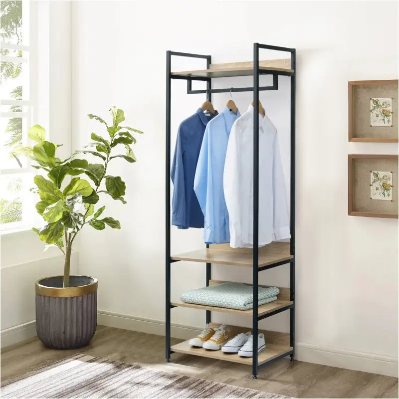 BukkitBow staande kapstok met rek en planken, compacte garderobe met grote opslagruimte, 56x36x170 cm, modern en veelzijdig