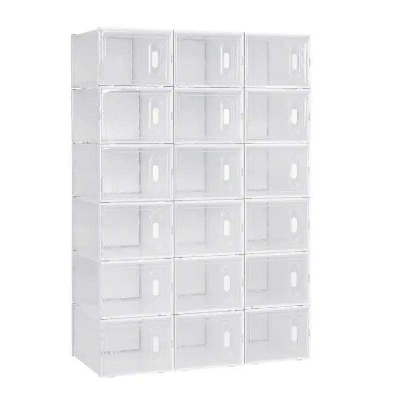 Witte BukkitBow stapelbare schoenendozen met transparante vakken en deurtjes voor sneakerorganisatie, set van 8, 12 of 18 stuks.