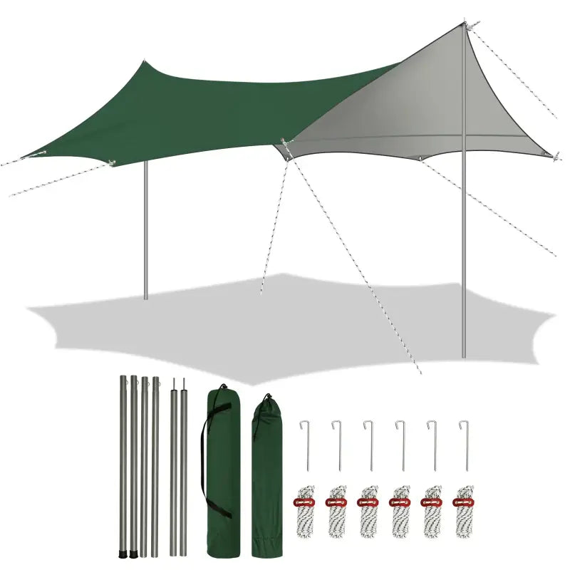 Groen BukkitBow waterdicht tentzeil met paalogen, liertouwen en haringen, ideaal voor bescherming en afdekking.
