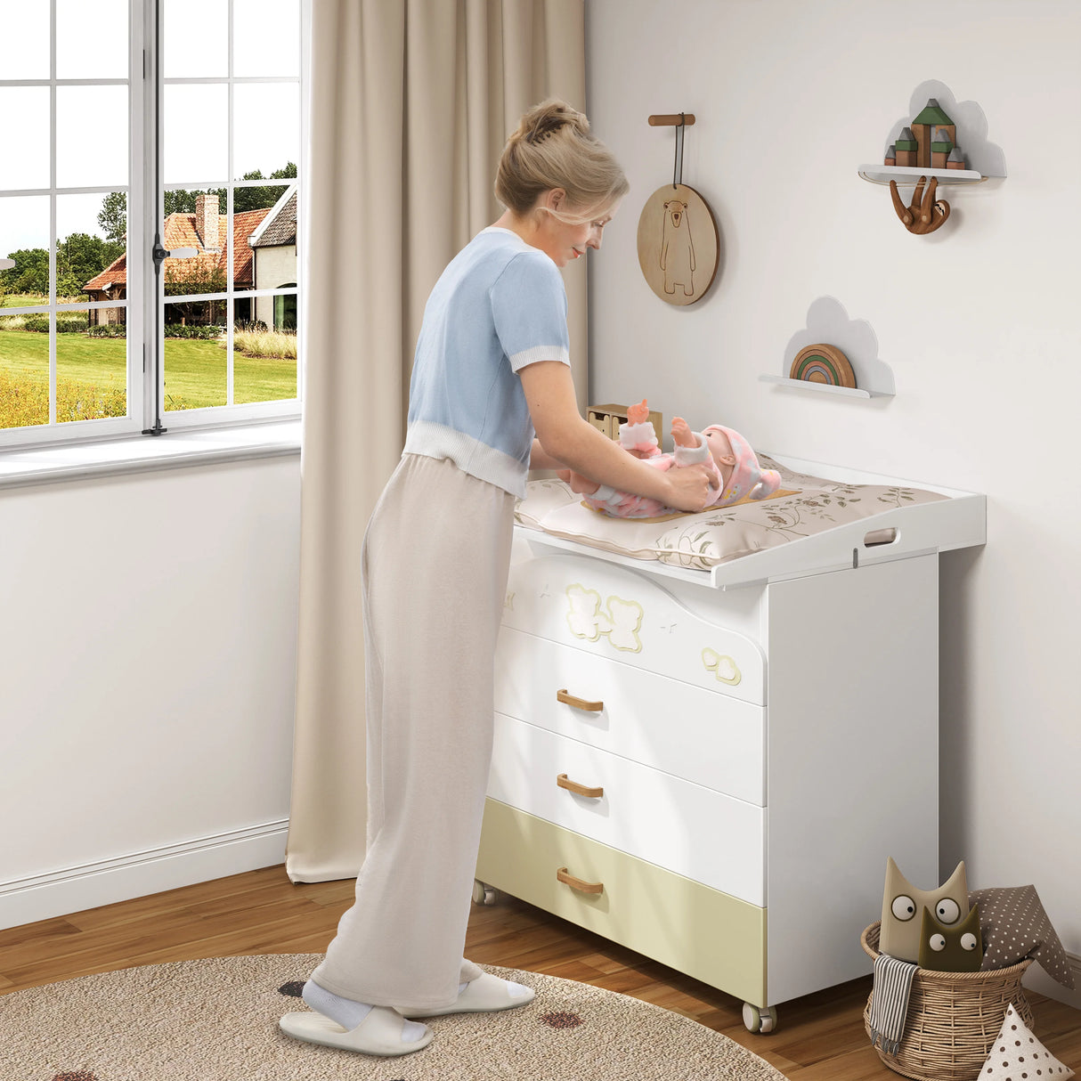 Wit BukkitBow universeel baby verschoonopzetstuk met handgrepen, geschikt voor kinderwaskom of commode, comfortabel en praktisch.