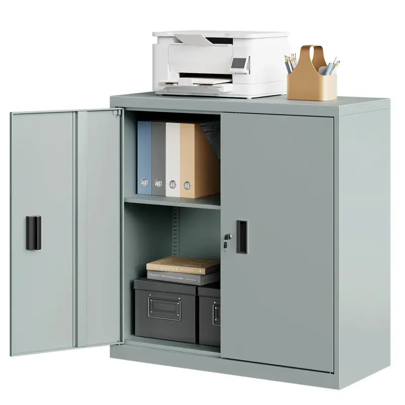 BukkitBow metalen vergrendelbare archiefkast met dubbele deuren en verstelbare planken, afmetingen 90x92x40 cm, geschikt voor documenten.