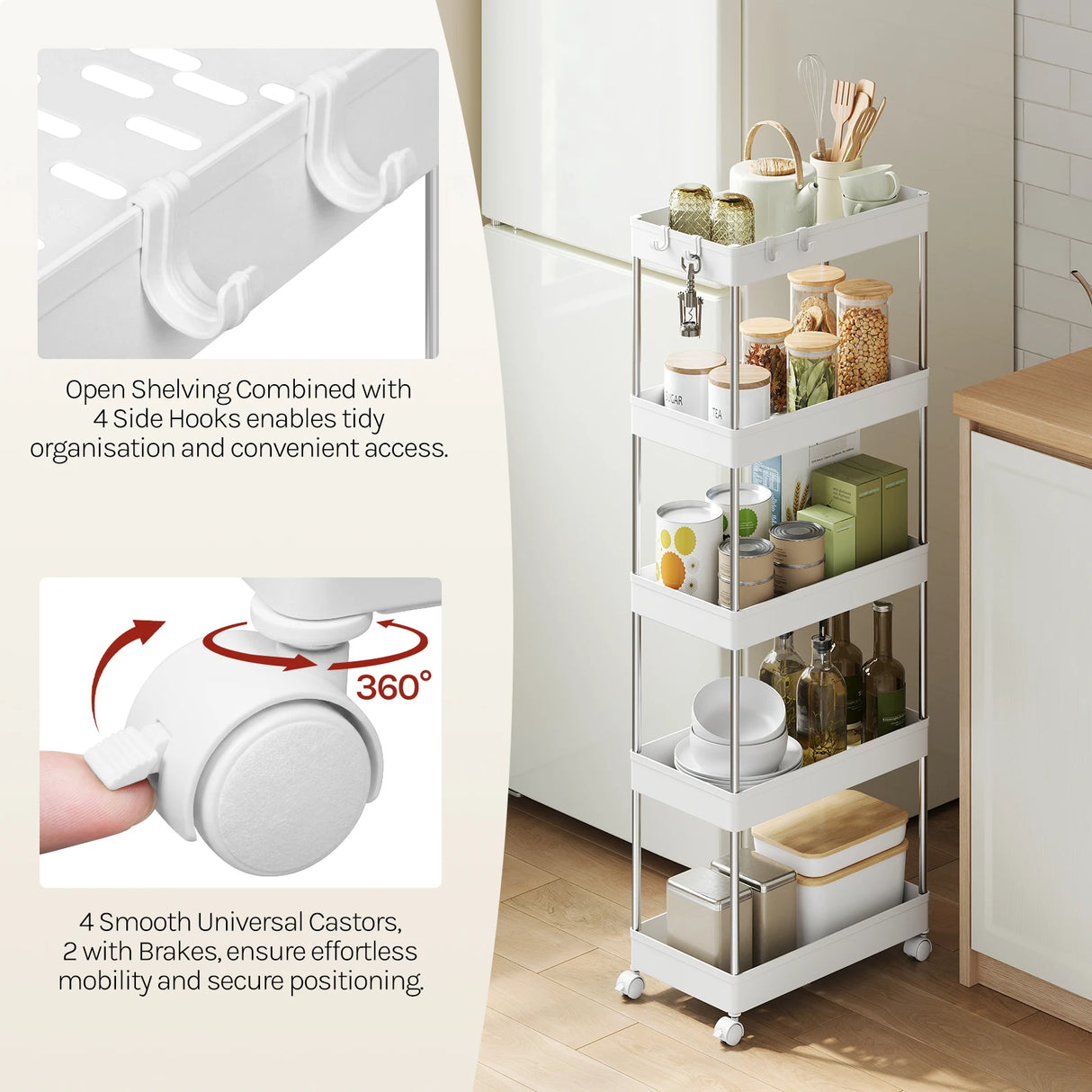 Verrijdbare BukkitBow keukentrolley met 4 niveaus, haken en stevig frame voor keukenopslag en organisatie