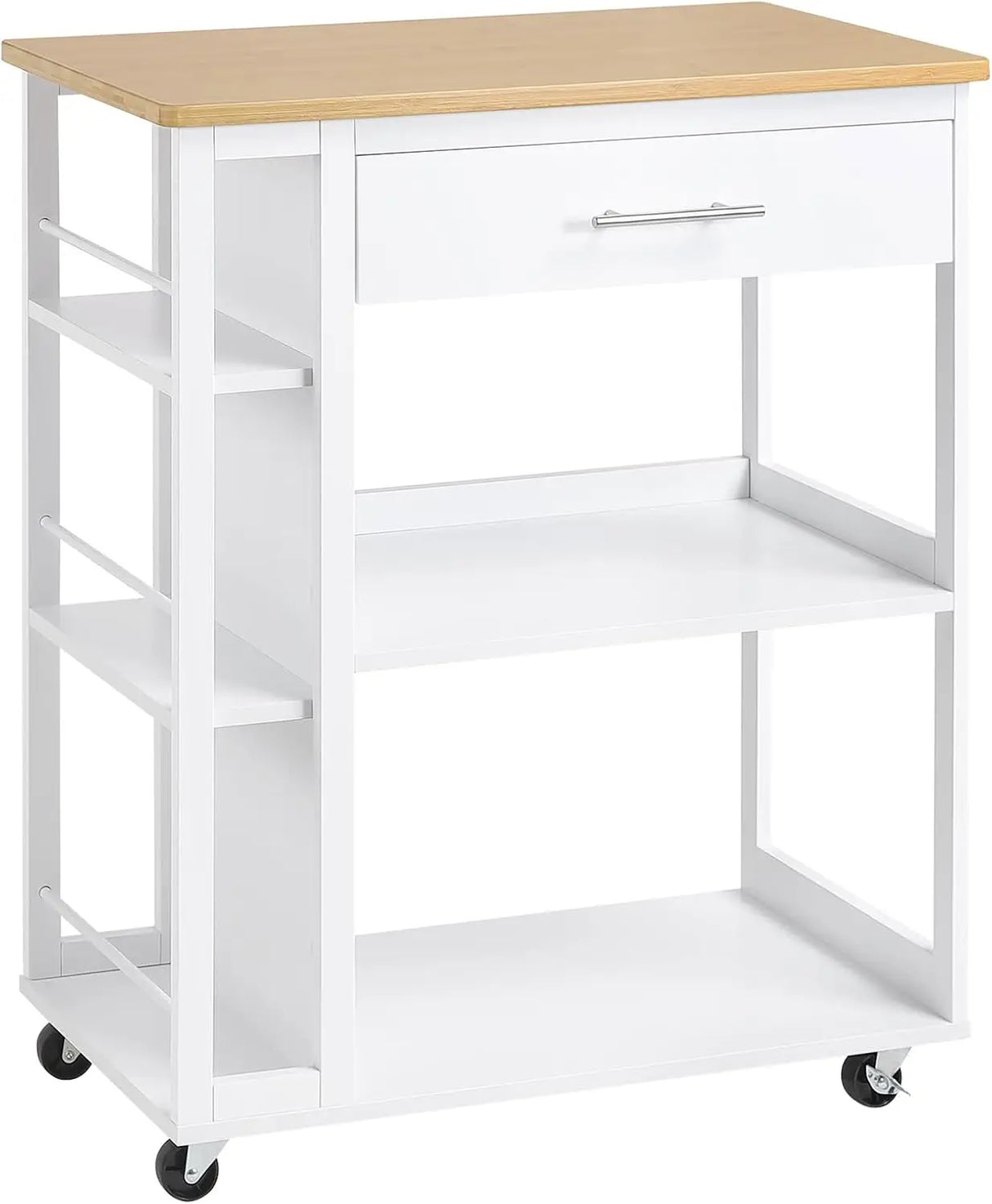 Zwarte BukkitBow keukentrolley met werkblad, lade en wielen, geschikt voor extra opbergruimte in de keuken.