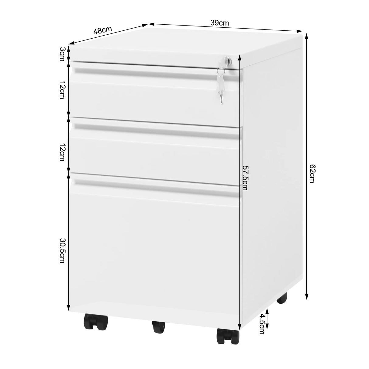 Verrijdbare metalen archiefkast van BukkitBow met slot en drie laden, geschikt voor kantoor of archiefruimte.