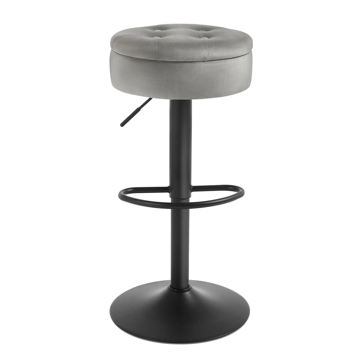 Verstelbare BukkitBow barkruk met verborgen opbergruimte, modern design, zittend op een houten vloer, comfortabele zitplaats.