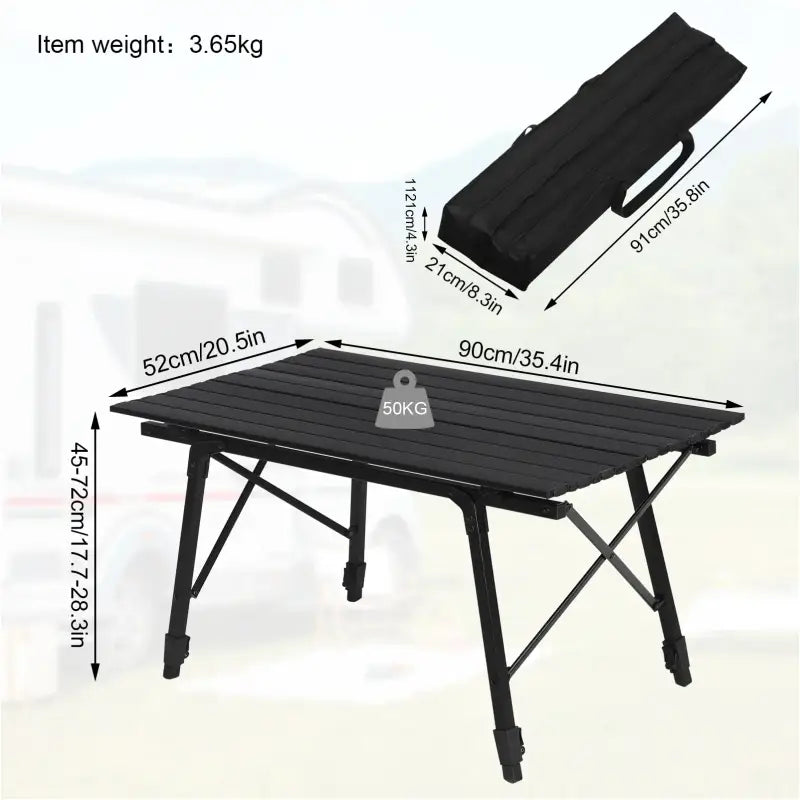 BukkitBow verstelbare campingtafel met oxford opbergzak, lichtgewicht, 15kg draagvermogen, 90x52.2x45-72cm, geschikt voor kamperen.