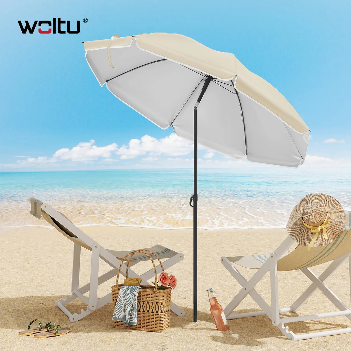 Verstelbare BukkitBow parasol met kantelfunctie en draagtas, biedt UPF 50+ bescherming tegen de zon.