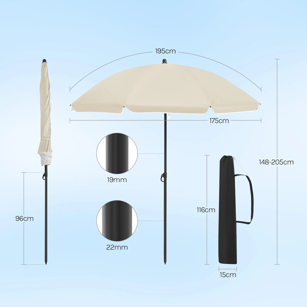 BukkitBow verstelbare parasol met kantelfunctie en draagtas, biedt UPF 50+ bescherming, zichtbaar in de afbeelding.
