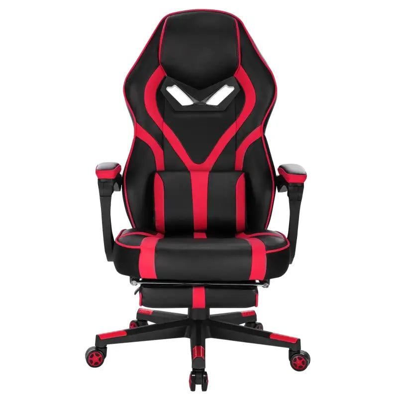 BukkitBow racing gamingstoel in zwart-wit of rood-zwart, verstelbaar, leren en nylon, met uitklapbare voetensteun en 115-123cm hoogte.