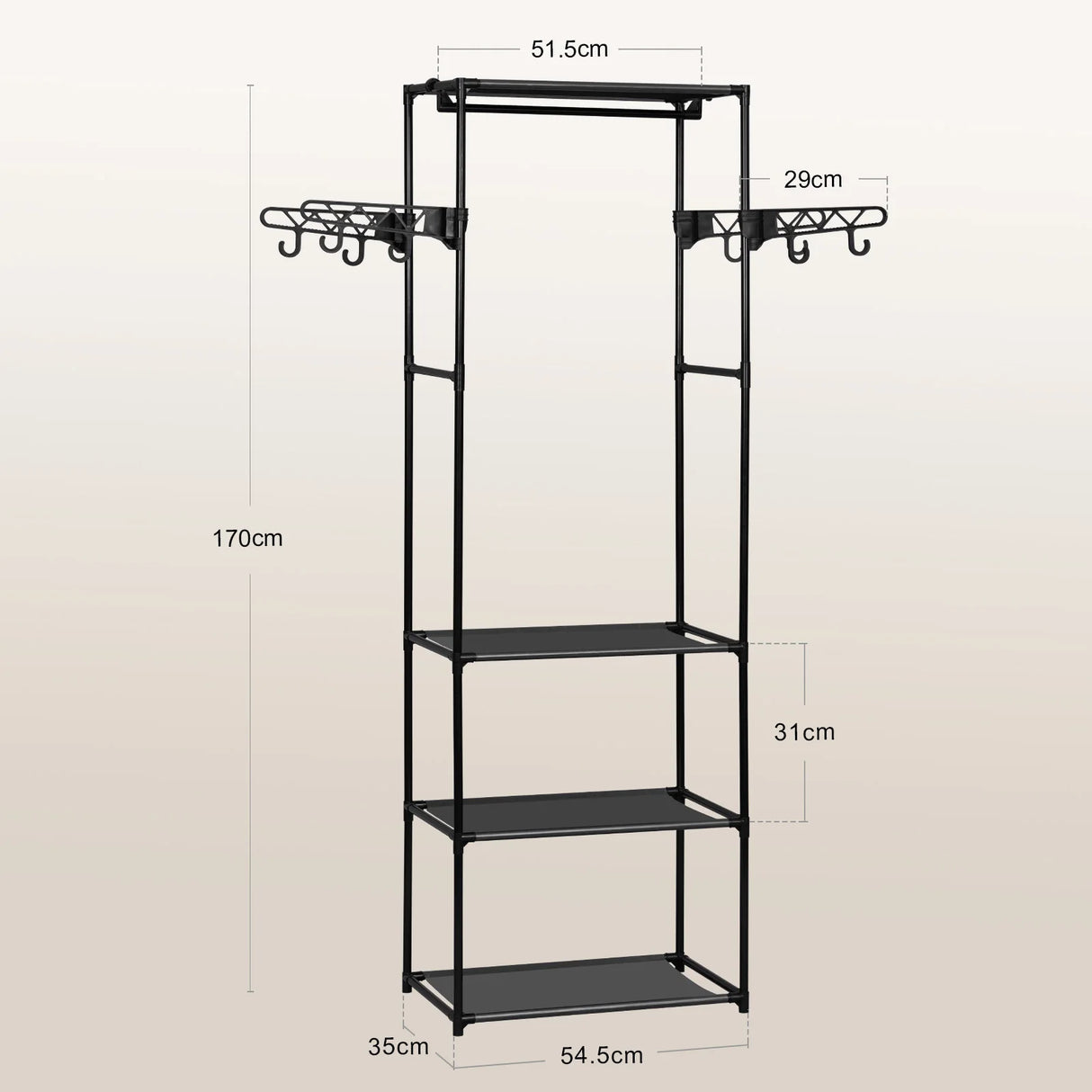 BukkitBow vrijstaand kledingrek met metalen frame, haken en legplanken voor slaapkamer en hal, open garderobe.