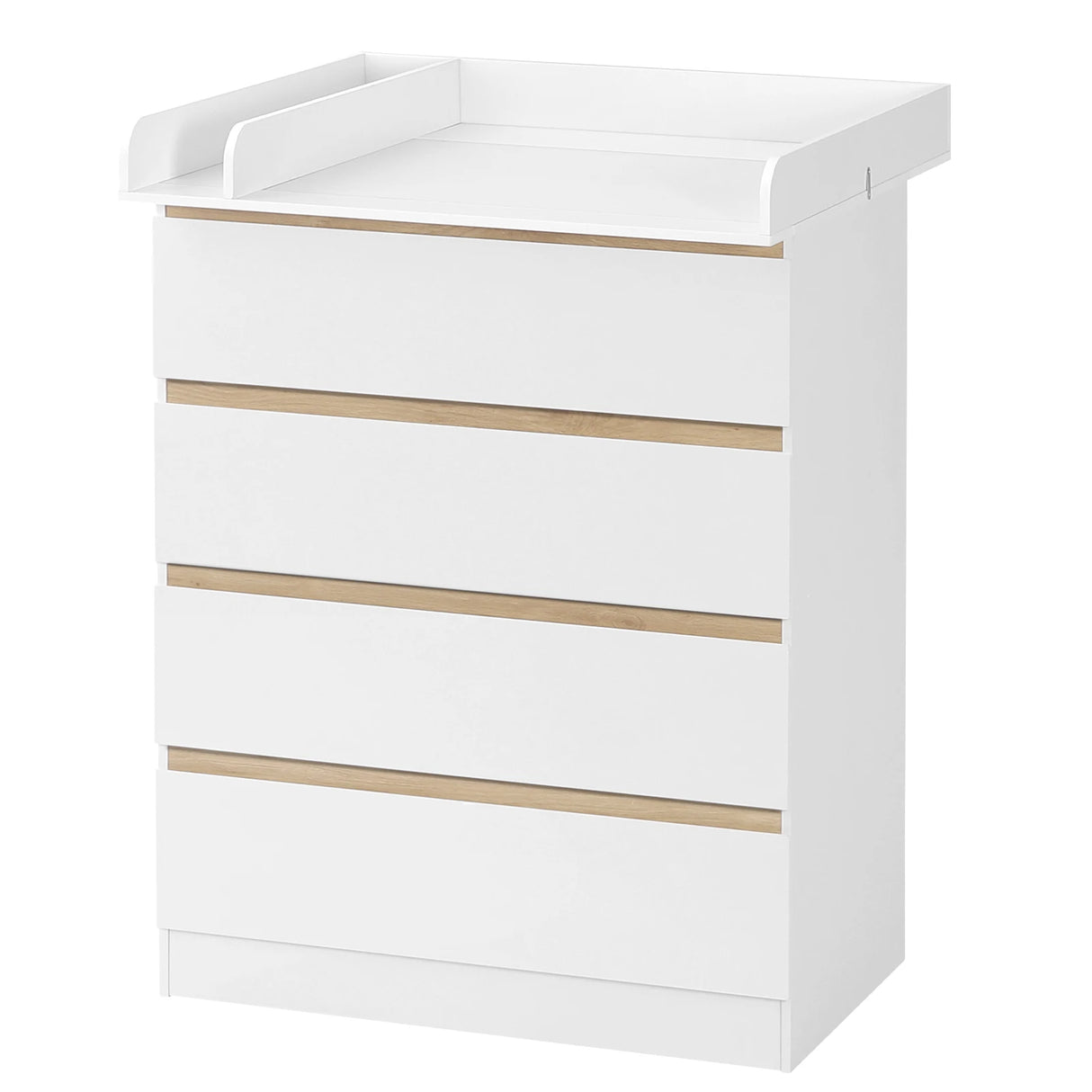 Witte BukkitBow commode met 4 laden en afneembaar verschoonopzetstuk, geschikt voor slaapkamers of kinderkamers.