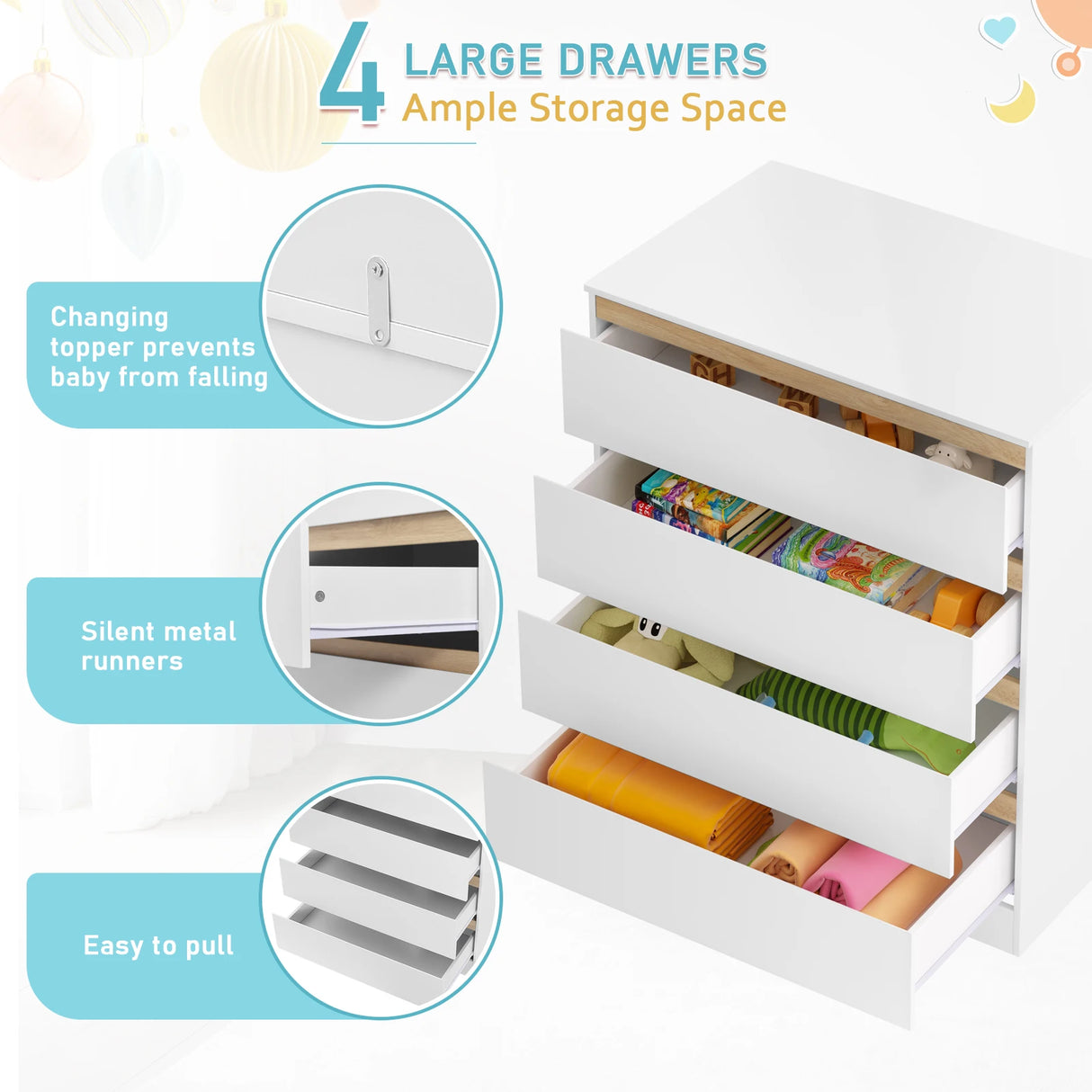 Witte BukkitBow commode met 4 laden en afneembaar verschoonopzetstuk, houten meubel voor badkamer of slaapkamer