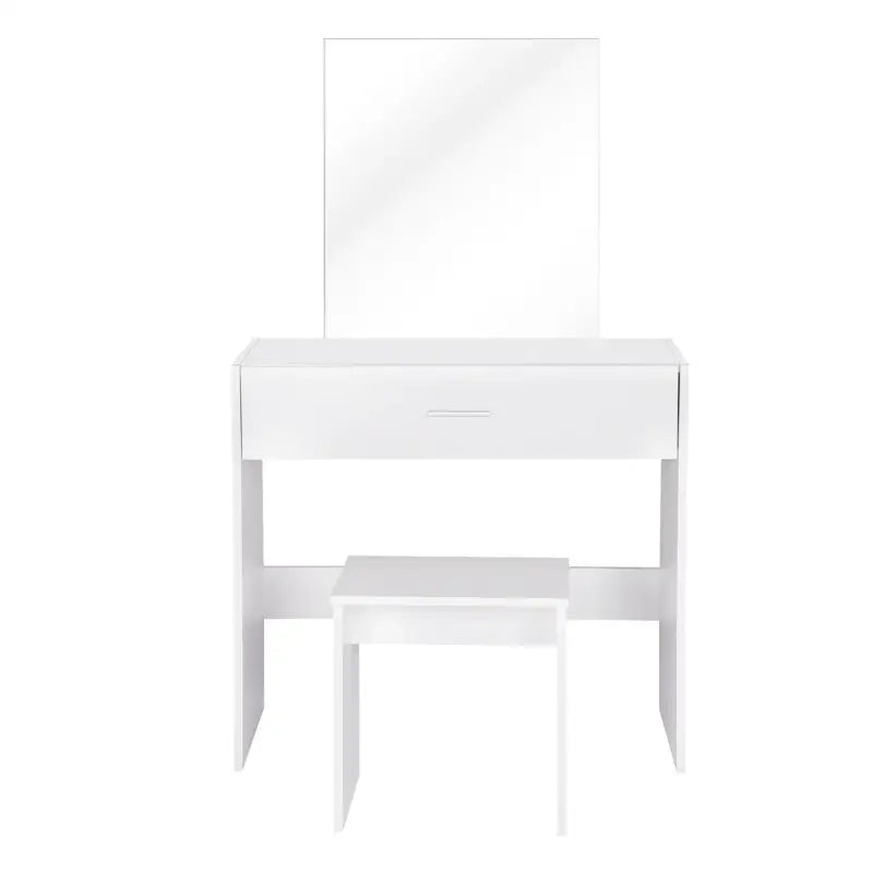 Witte BukkitBow kaptafel met grote make-up spiegel, ruime lade en bijpassende kruk, afmetingen 39x82x75 cm, elegant en functioneel.