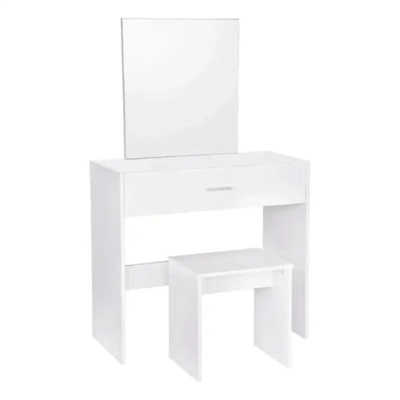 Witte BukkitBow kaptafel met grote make-up spiegel, ruime lade en kruk, afmetingen 39x82x75 cm, elegant meubel voor make-up en verzorging.