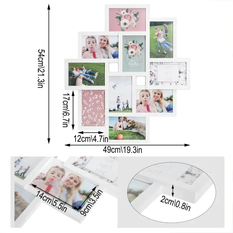 Witte BukkitBow multi-fotolijst met 10 vakken voor 10x15cm foto's, stevig plexiglas, afmetingen 54,5x49cm.