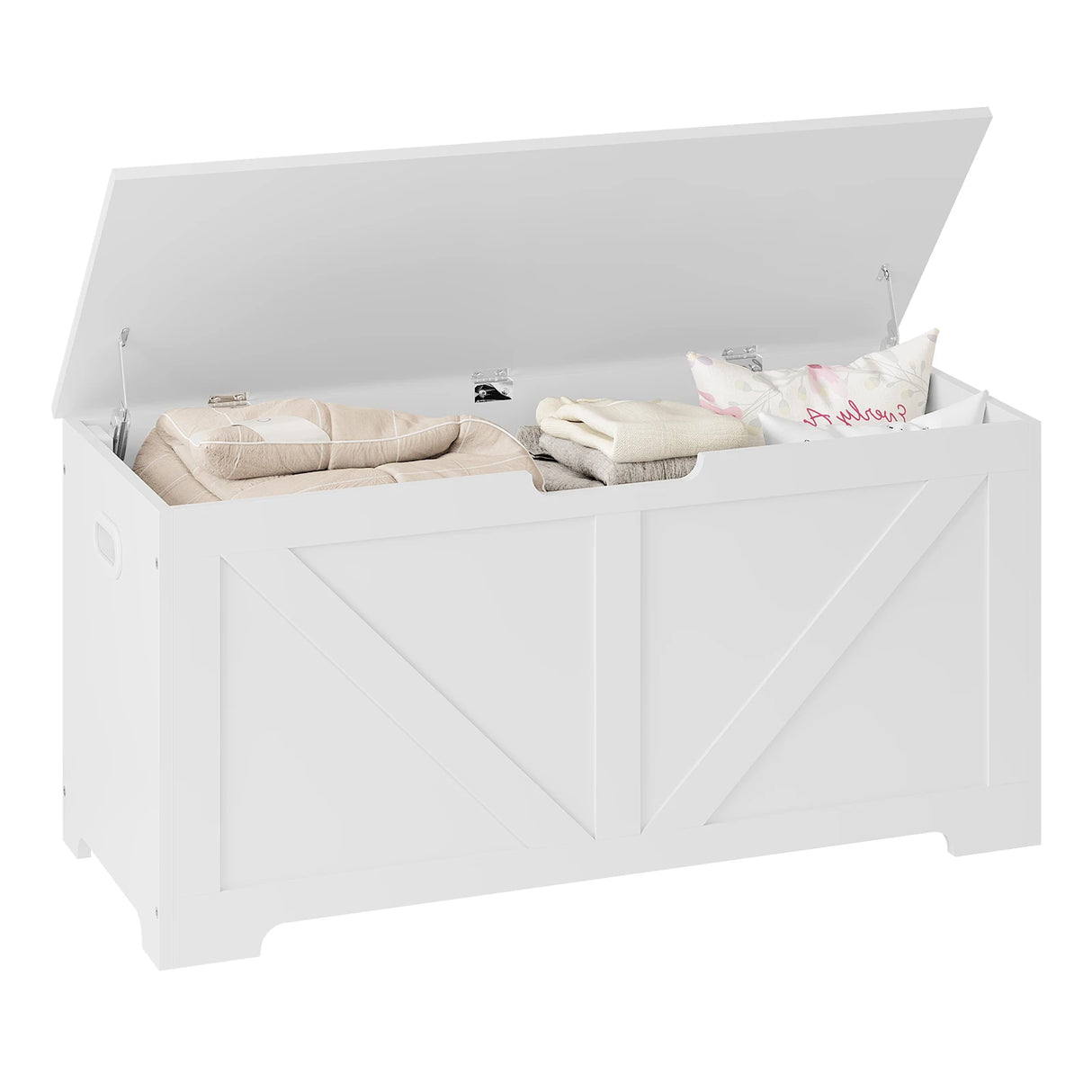 Witte BukkitBow opbergbank met veiligheidsscharnieren, afmetingen 100x47x40 cm en 76 liter capaciteit, geschikt voor opbergruimte.