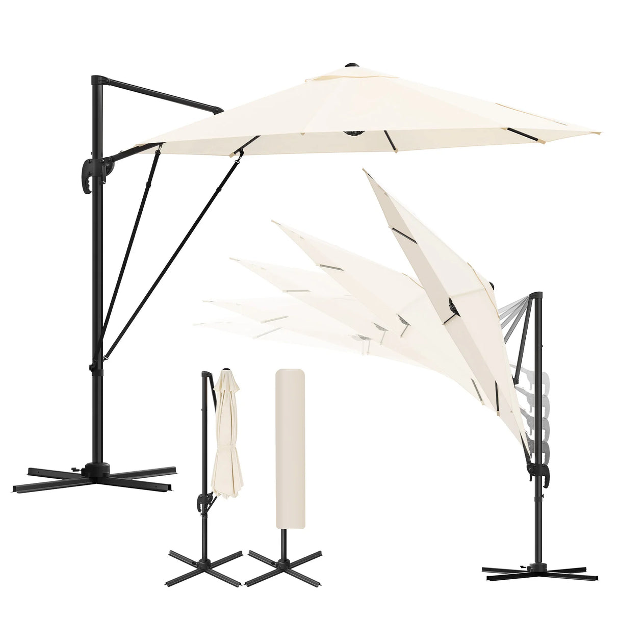 BukkitBow zwevende parasol met 360° draaibare kop en 5 kantelstanden, diameter 300 cm, in een tuin setting.
