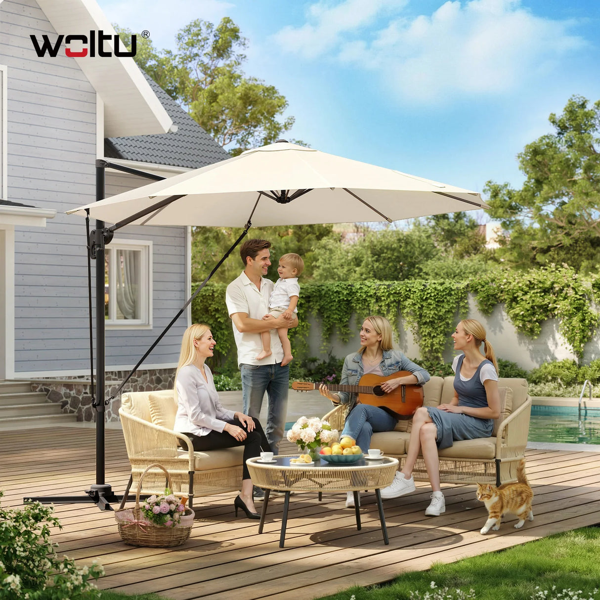 BukkitBow zwevende parasol met 360° draaibare kop, 5 kantelstanden en diameter van 300 cm, ideaal voor schaduw en comfort.