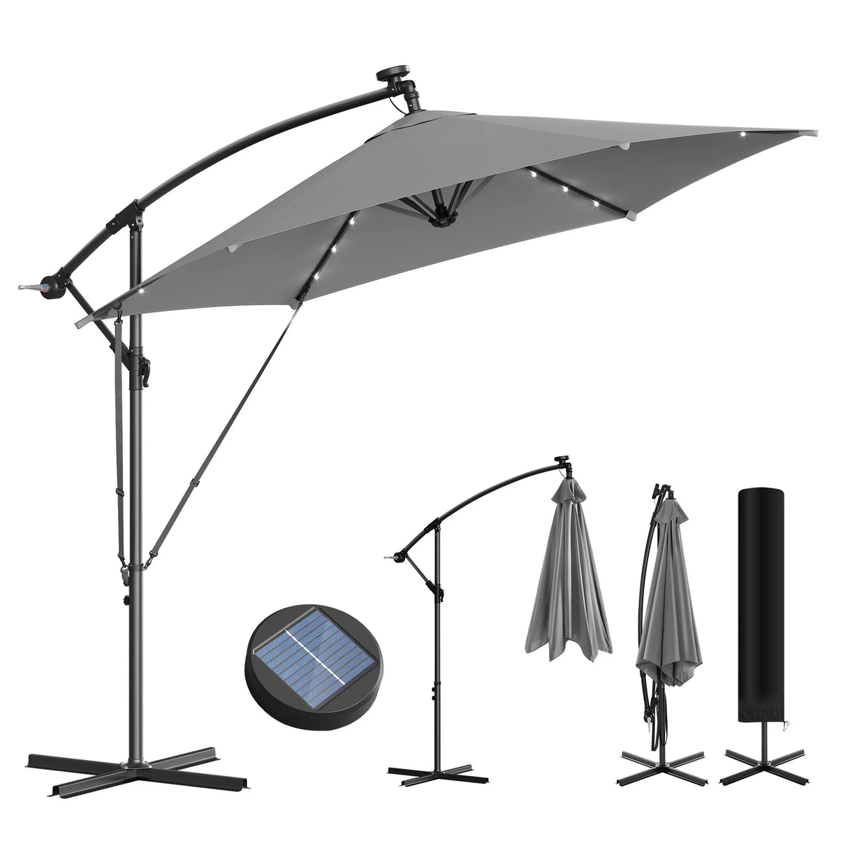 BukkitBow zwevende parasol met solar LED-verlichting en 360° draaibare werking, stijlvolle en functionele buitenparasol