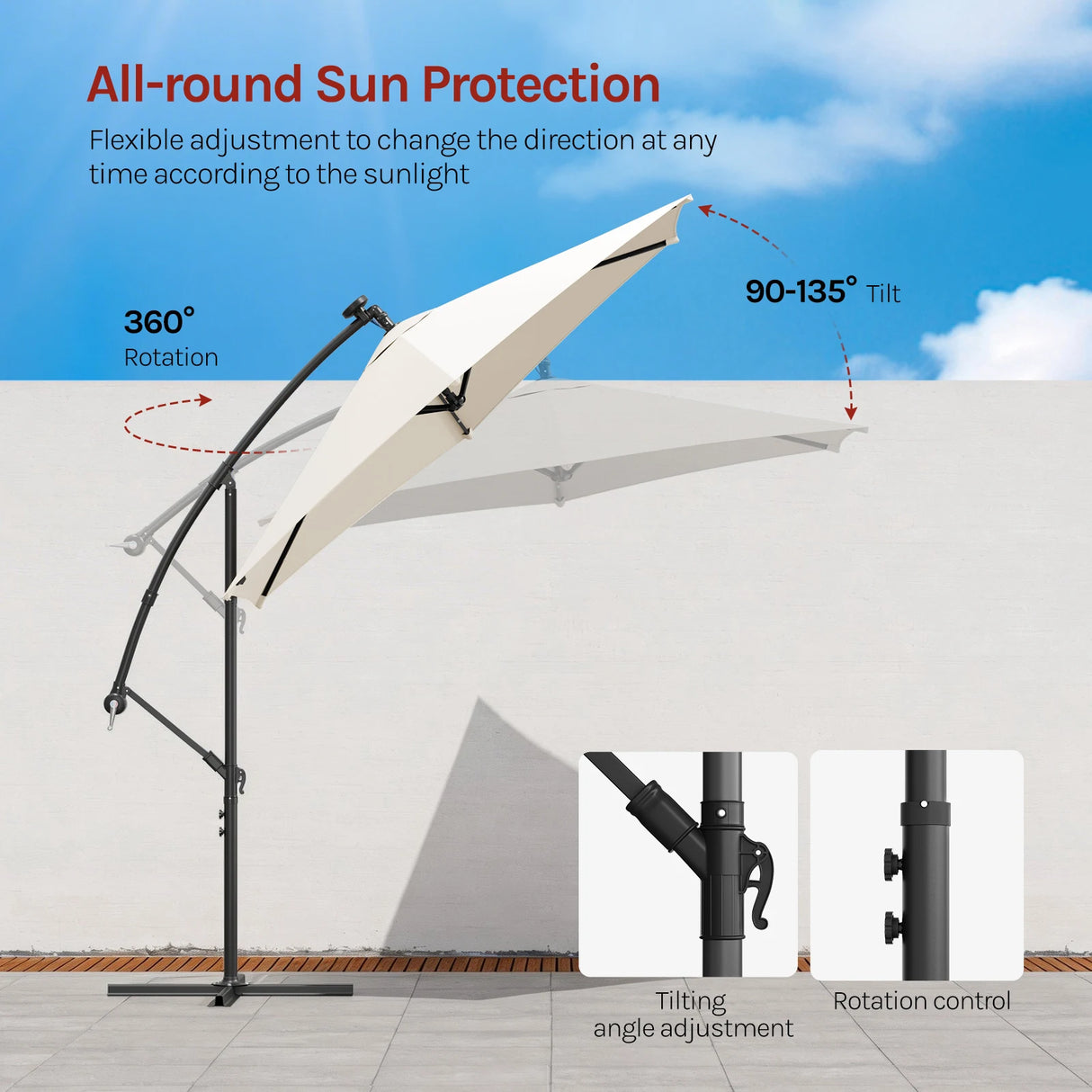 Zwevende parasol van BukkitBow met solar LED-verlichting en 360° draaibare functie voor buitengebruik.