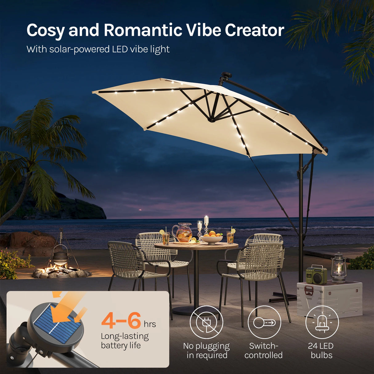 BukkitBow Zwevende parasol met solar LED-verlichting en 360° draaibare functie, geschikt voor buitengebruik.
