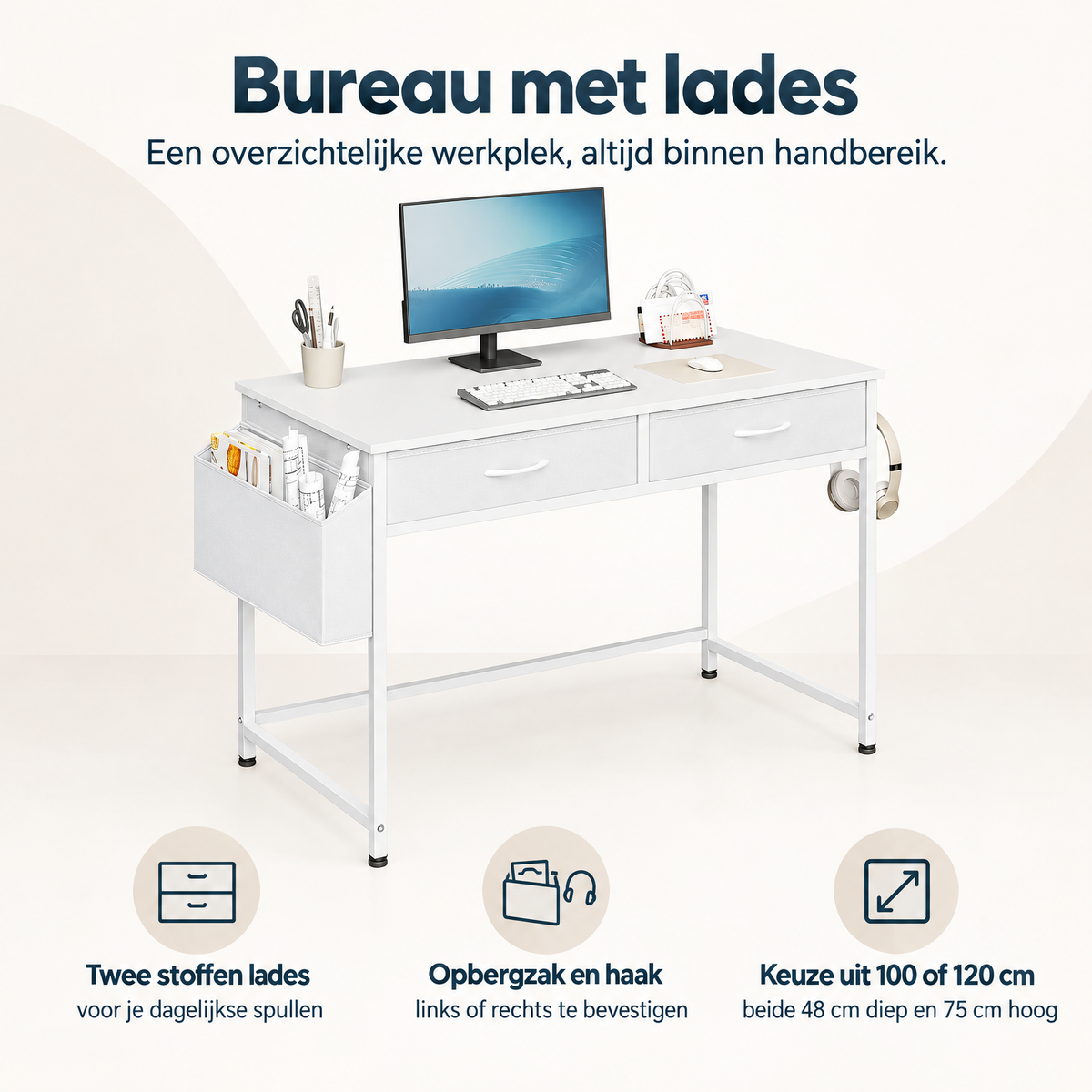 Overzicht van bureau met lades met de belangrijkste productvoordelen