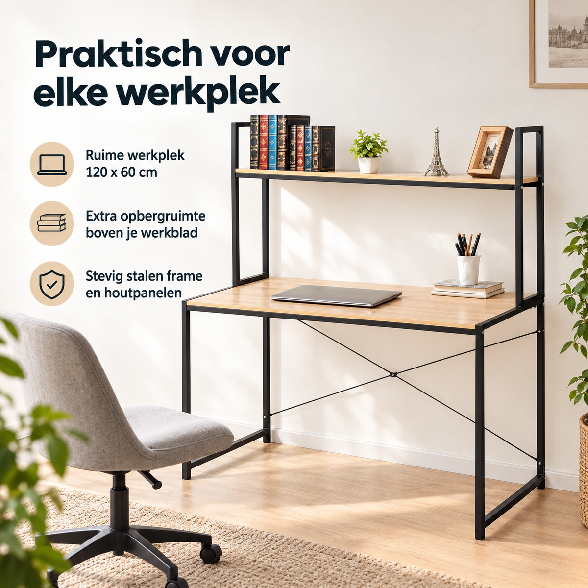 Praktische toepassing en keuzehulp voor bureau met opbergplank