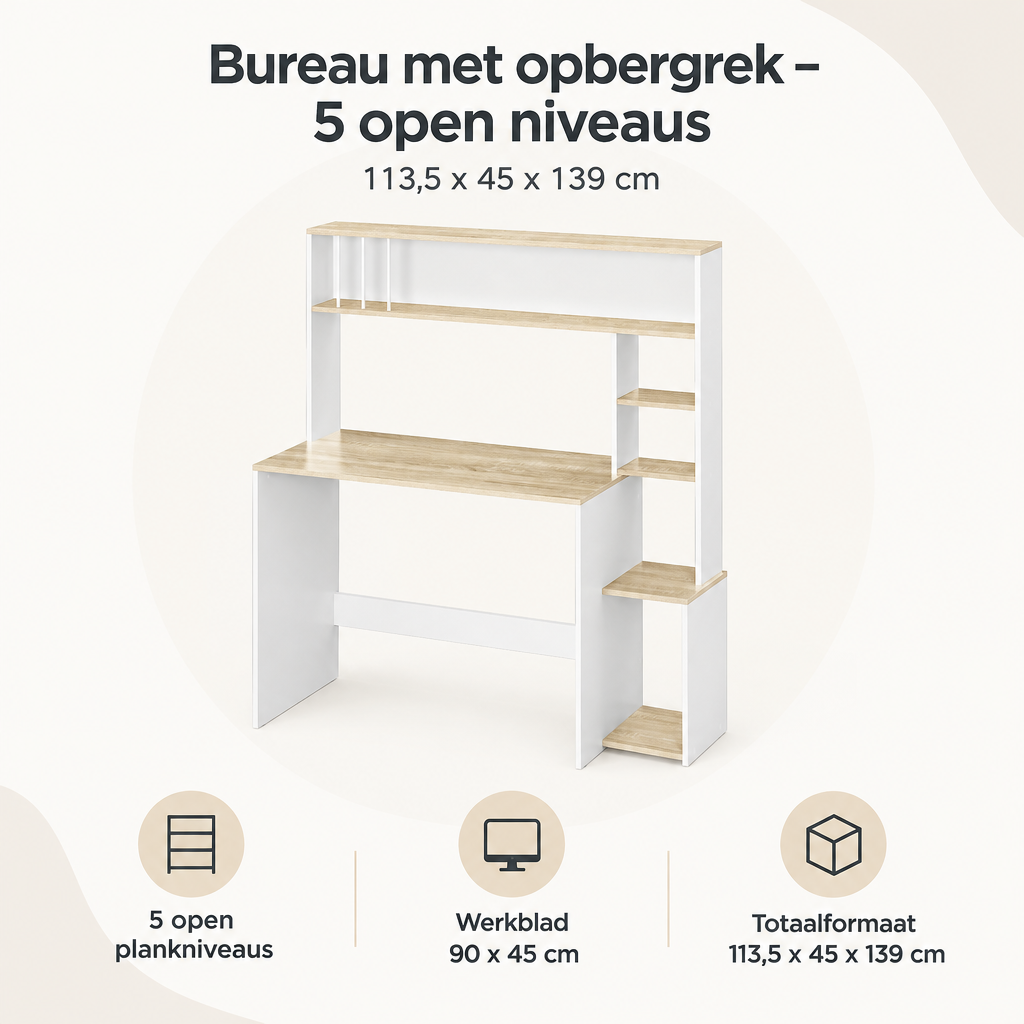 Overzicht van bureau met opbergrek met de belangrijkste productvoordelen