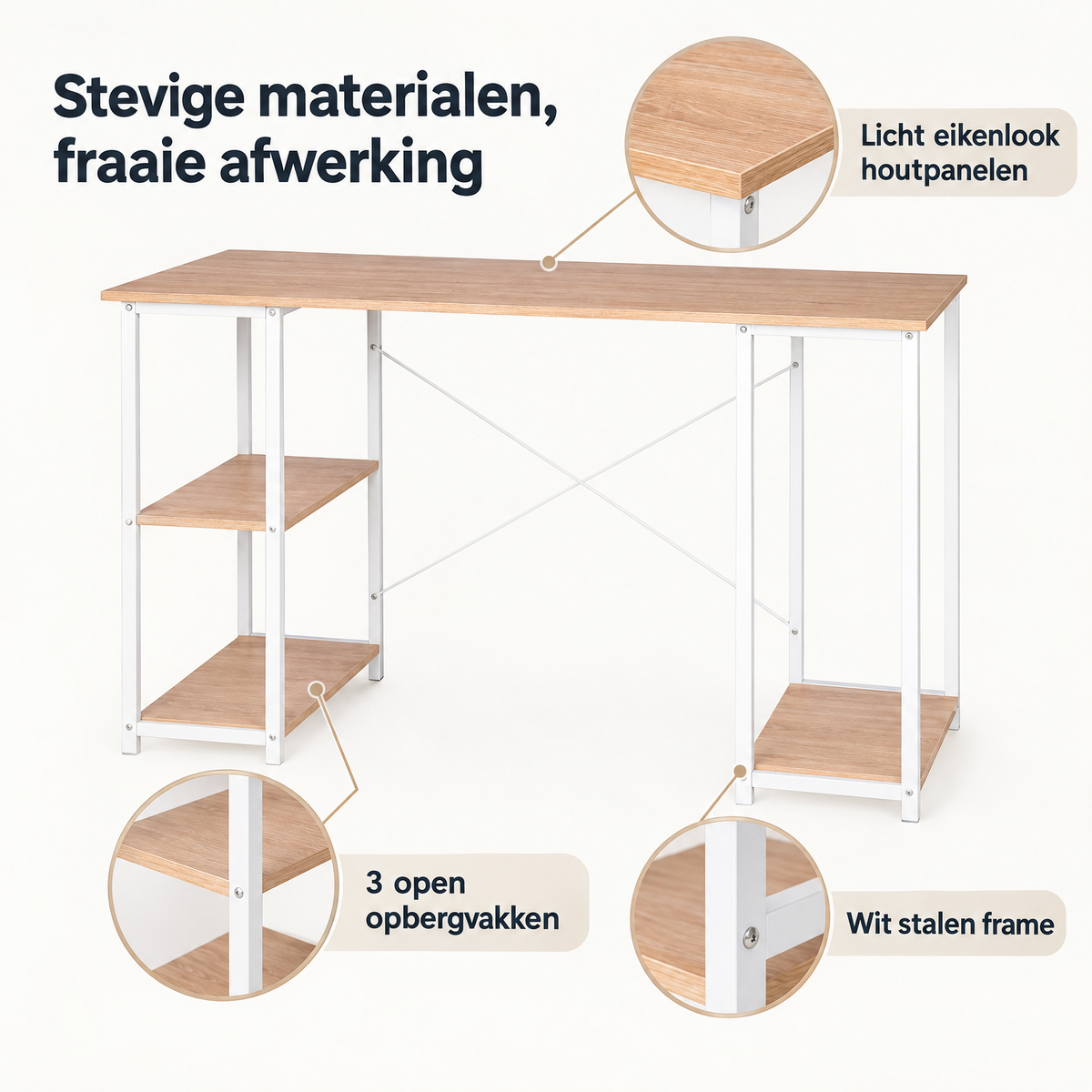Detail van materiaal en afwerking van bureau met planken