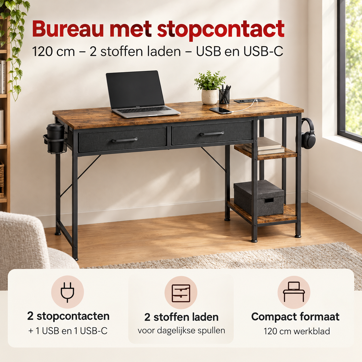 Praktische toepassing en keuzehulp voor bureau met stopcontact