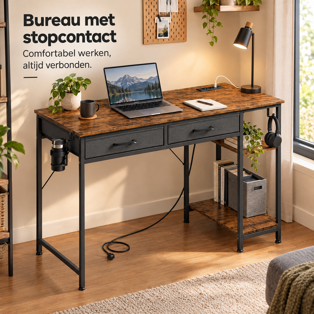 bureau met stopcontact in gebruik in een passende praktijksituatie