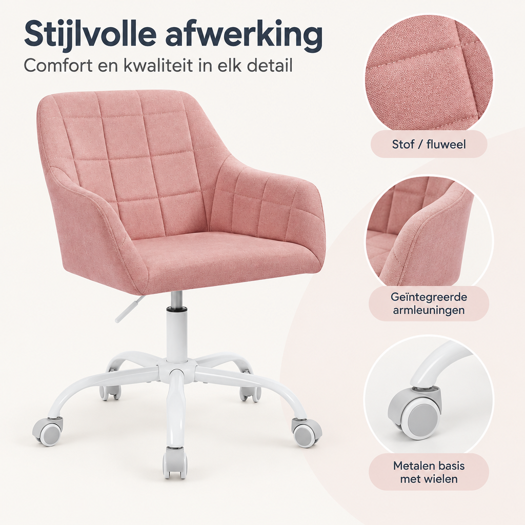 Detail van materiaal en afwerking van bureaustoel met armleuningen