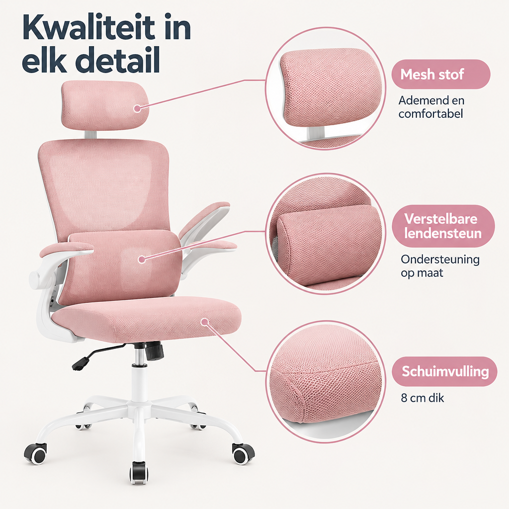 Detail van materiaal en afwerking van bureaustoel met mesh rugleuning