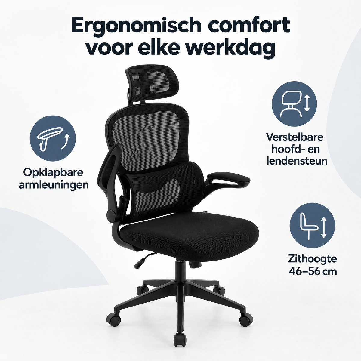 Overzicht van bureaustoel met opklapbare armleuningen met de belangrijkste productvoordelen