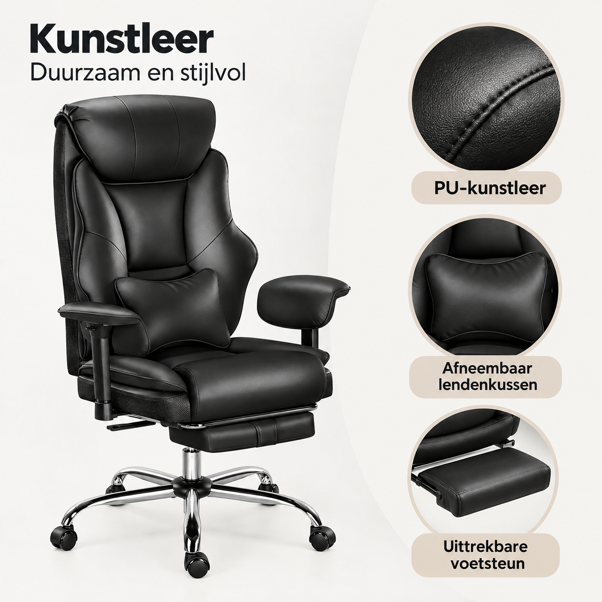 Detail van materiaal en afwerking van bureaustoel met voetsteun