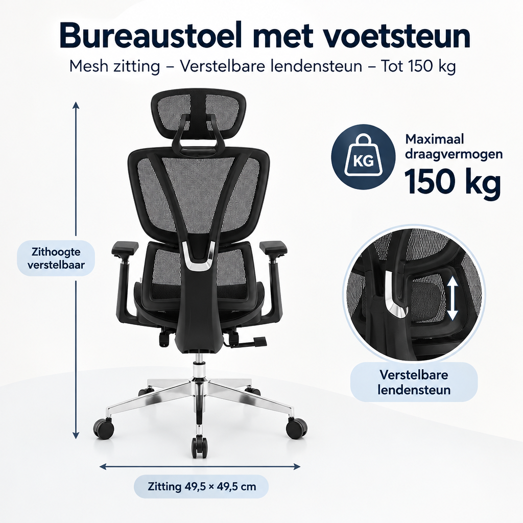 Afmetingen en productspecificaties van bureaustoel met voetsteun