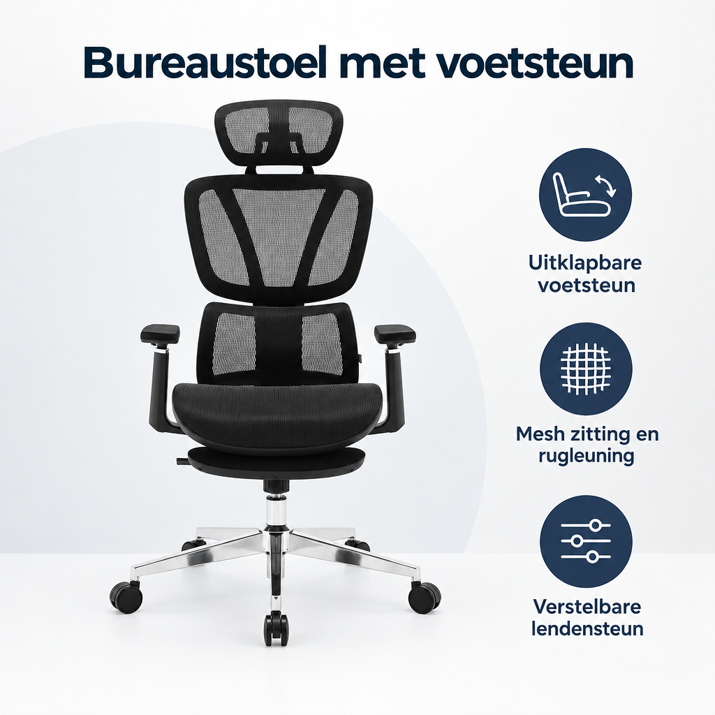 Overzicht van bureaustoel met voetsteun met de belangrijkste productvoordelen