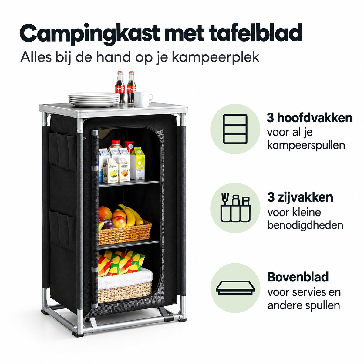 Zwarte campingkast van BukkitBow met aluminium frame, 3 opbergvakken en een tafelblad, ideaal voor kampeergebruik.
