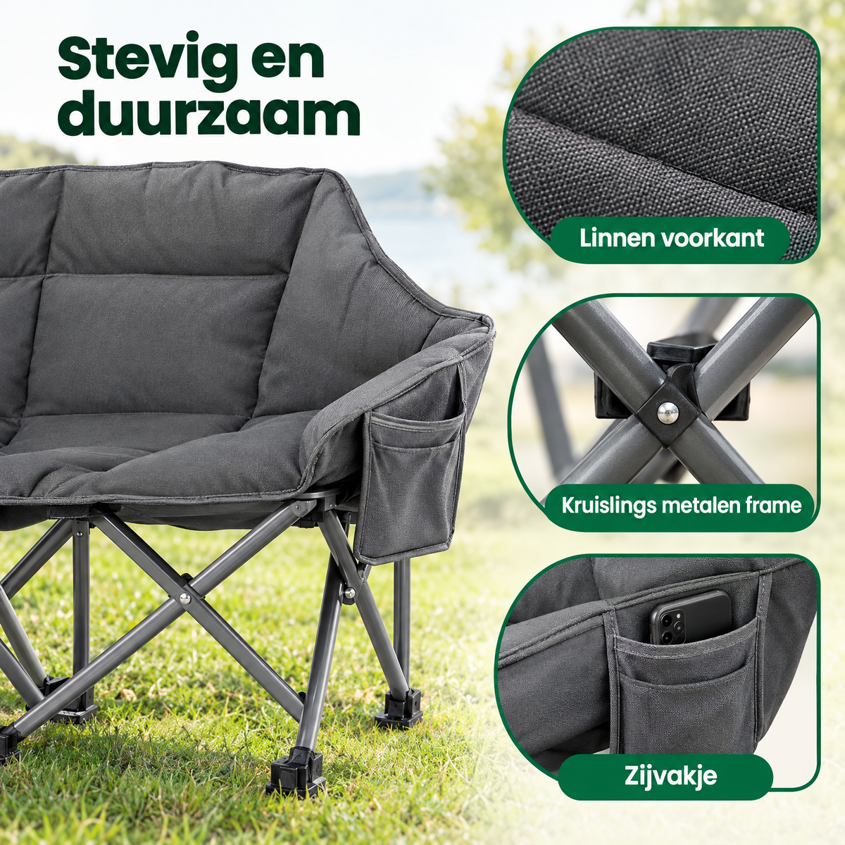 Detail van materiaal en afwerking van campingstoel 2 personen