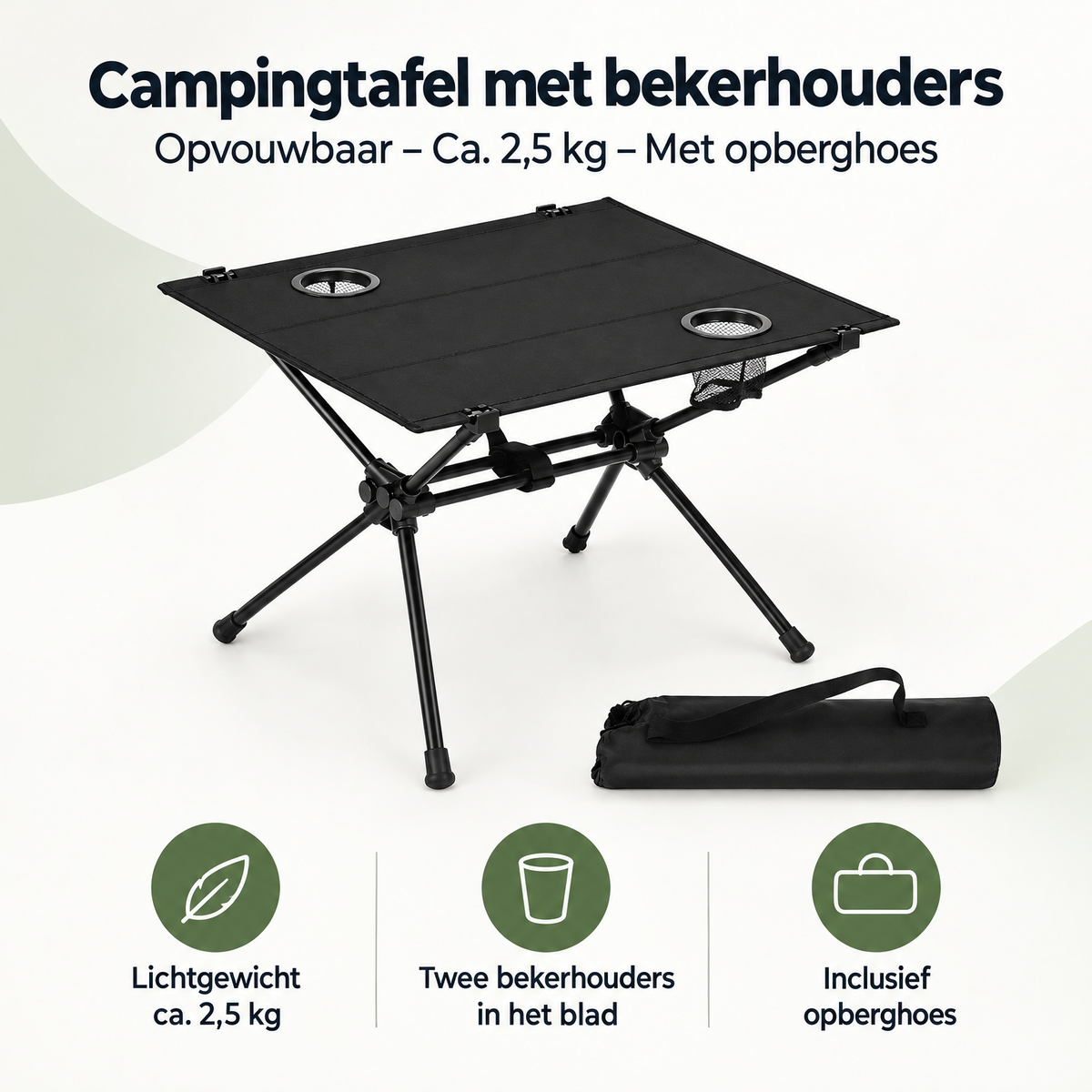 Overzicht van campingtafel met bekerhouders met de belangrijkste productvoordelen