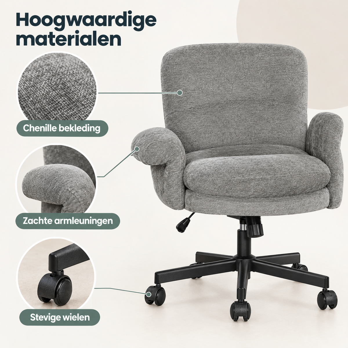 Detail van materiaal en afwerking van chenille bureaustoel