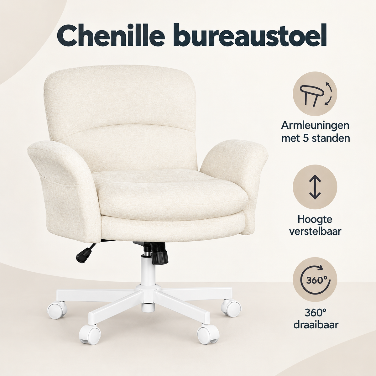 Overzicht van chenille bureaustoel met de belangrijkste productvoordelen
