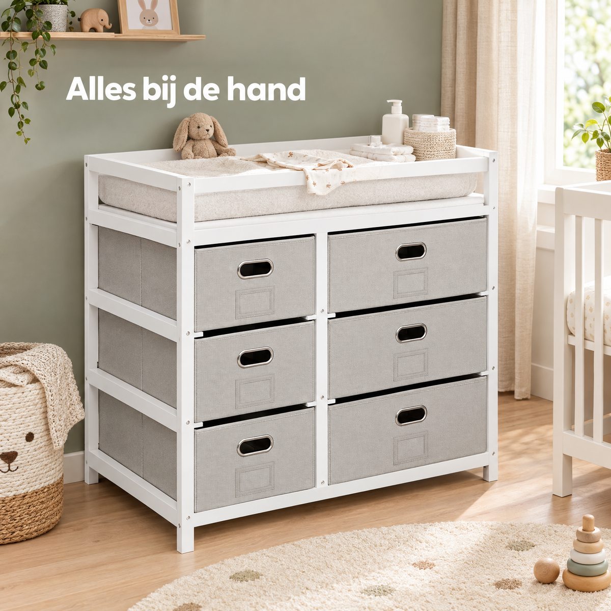 Witte en grijze commode met 6 stoffen laden en aankleedblad van BukkitBow, geschikt voor kinderkamer of slaapkamer.