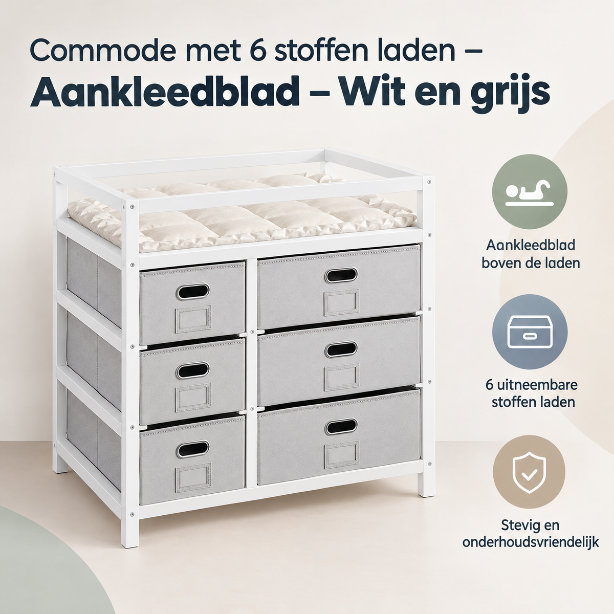 Witte en grijze commode met 6 stoffen laden en aankleedblad, geschikt voor babykamer, van BukkitBow, overzicht van kernvoordelen.