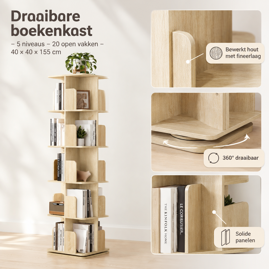 Detail van materiaal en afwerking van draaibare boekenkast