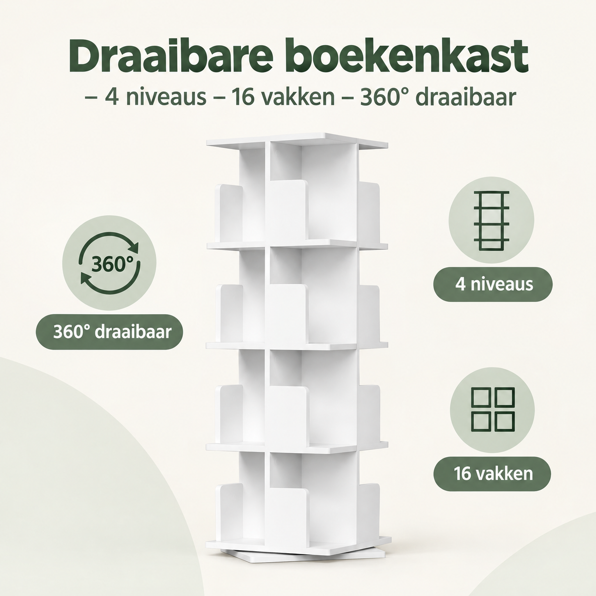 Overzicht van draaibare boekenkast met de belangrijkste productvoordelen