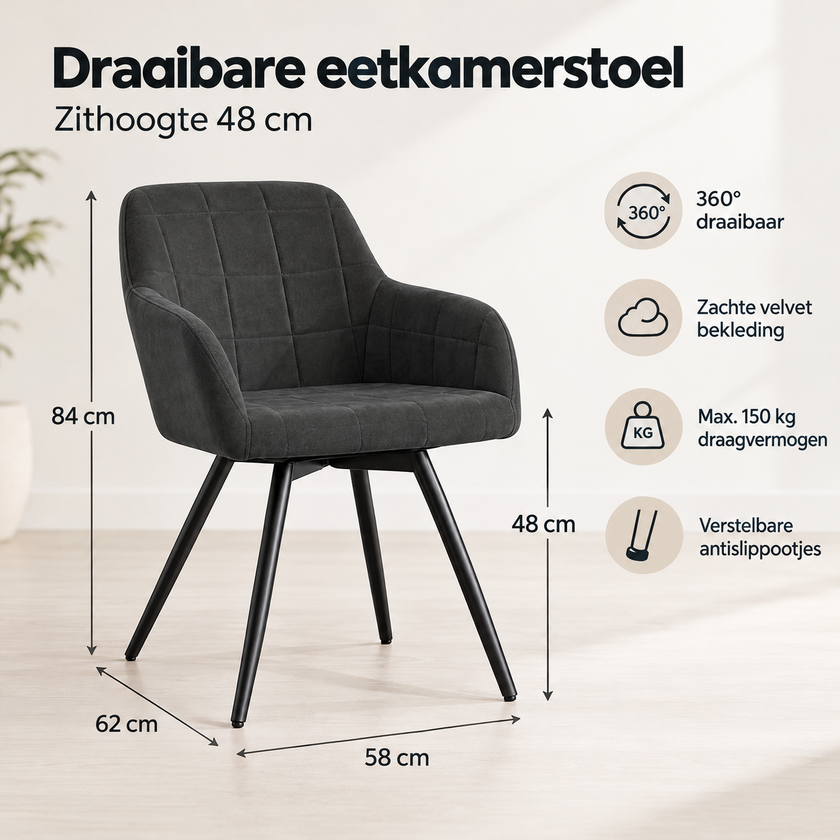 Afmetingen en productspecificaties van draaibare eetkamerstoel