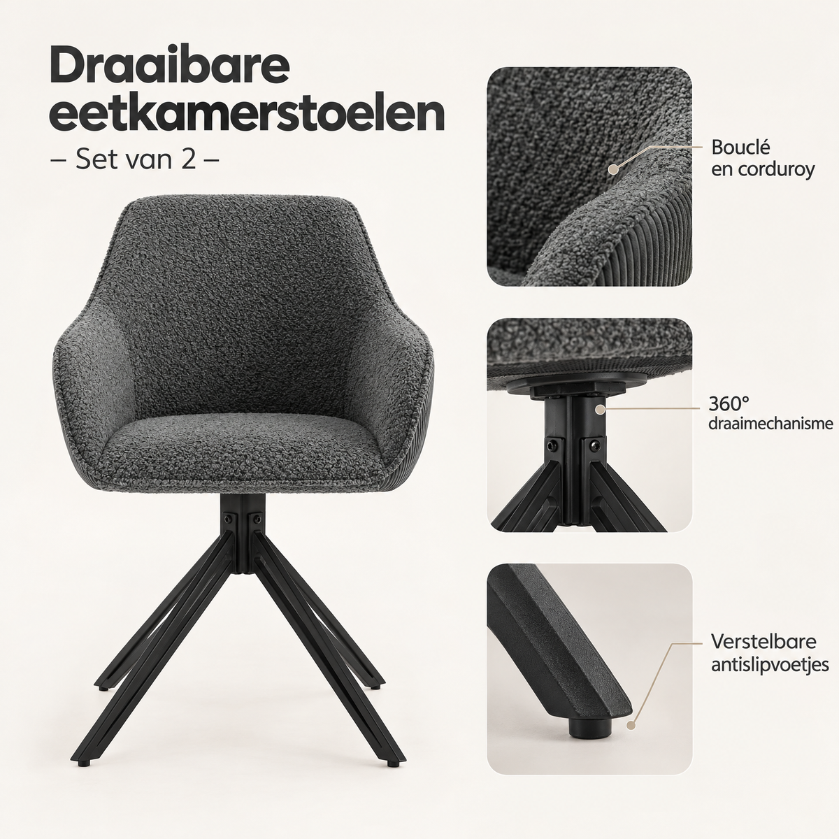 Detail van materiaal en afwerking van draaibare eetkamerstoelen