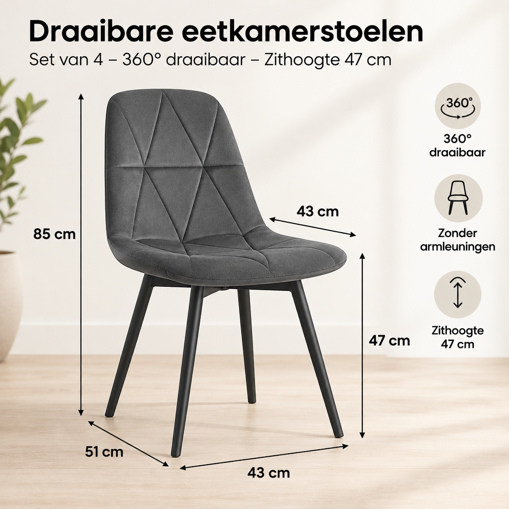 Afmetingen en productspecificaties van draaibare eetkamerstoelen set van 4